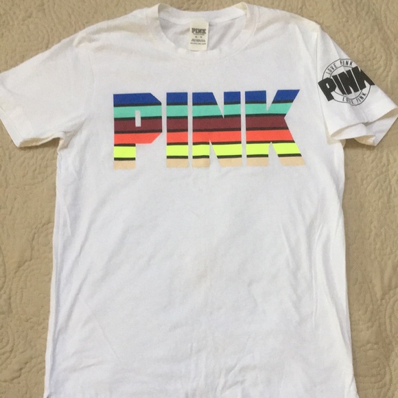 PINK Victoria’s Secret Rainbow Logo White Cotton Oversized T-Shirt size XS - Picture 1 of 12